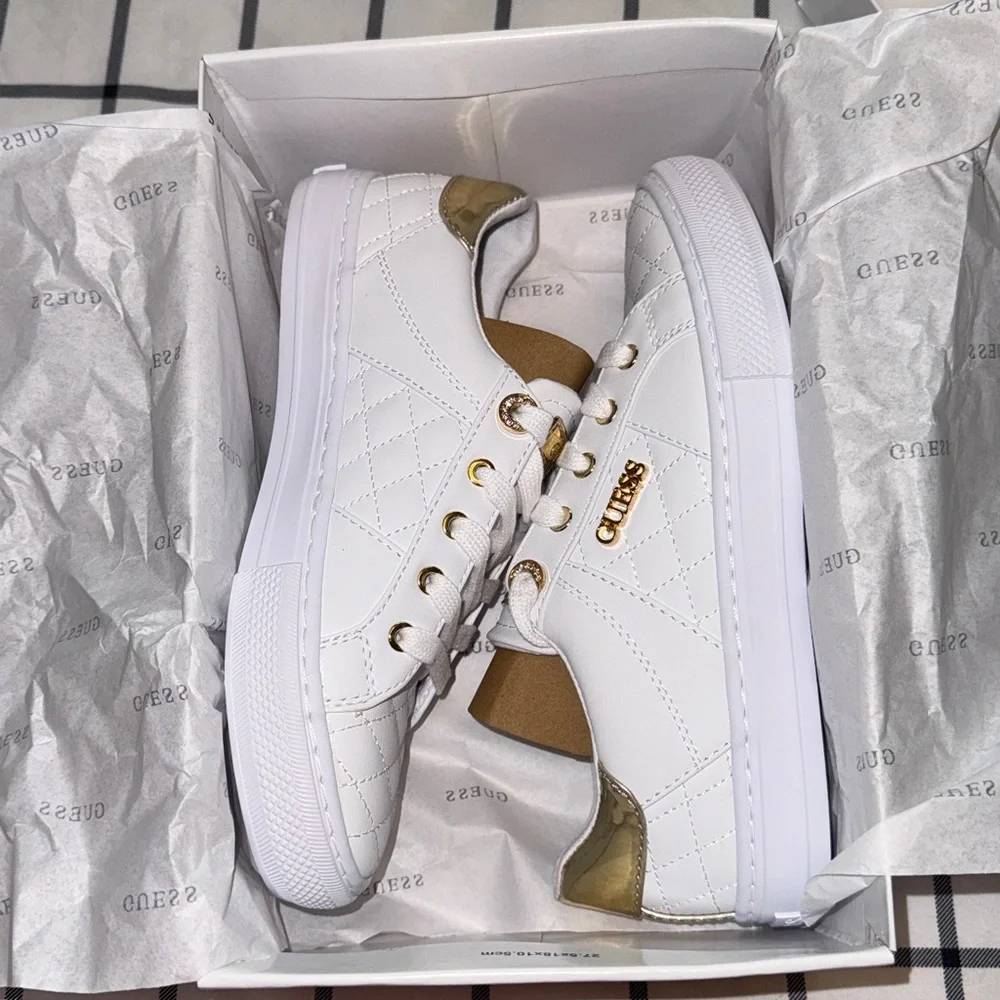 Guess Women's White and Gold Quilted Sneakers